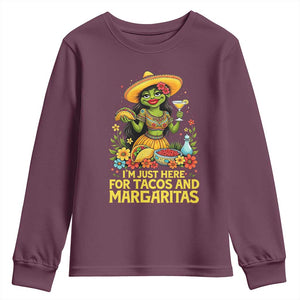 Funny Cinco De Mayo Frog Youth Sweatshirt Just Here For Tacos And Margaritas TS12 Maroon Print Your Wear