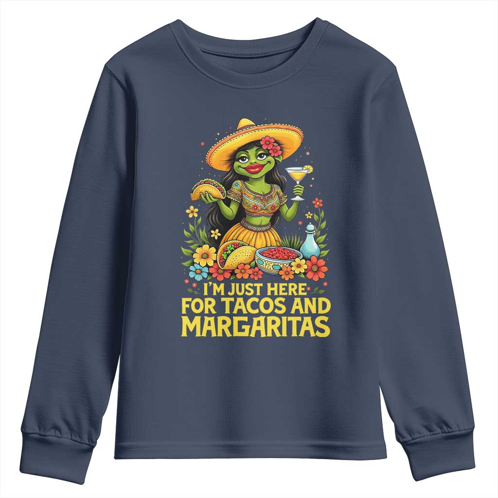 Funny Cinco De Mayo Frog Youth Sweatshirt Just Here For Tacos And Margaritas TS12 Navy Print Your Wear