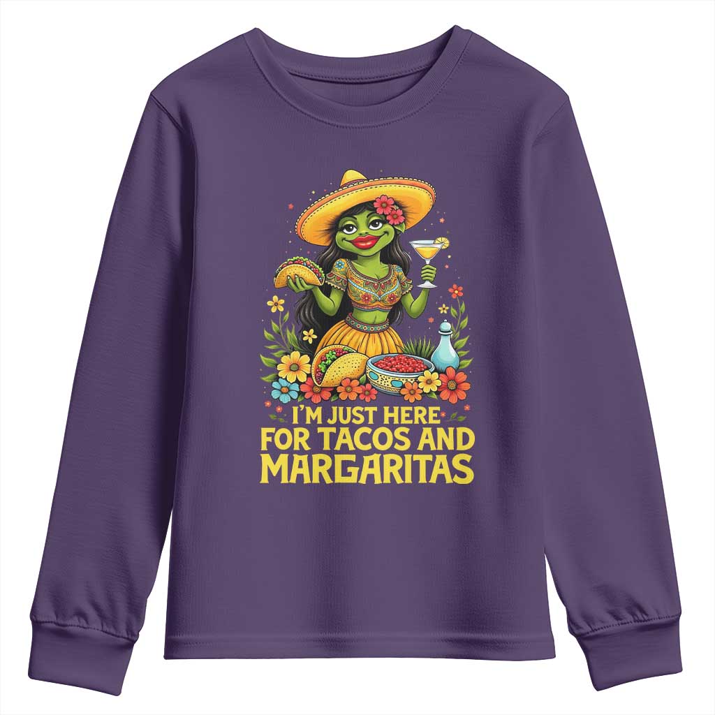 Funny Cinco De Mayo Frog Youth Sweatshirt Just Here For Tacos And Margaritas TS12 Purple Print Your Wear
