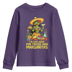 Funny Cinco De Mayo Frog Youth Sweatshirt Just Here For Tacos And Margaritas TS12 Purple Print Your Wear