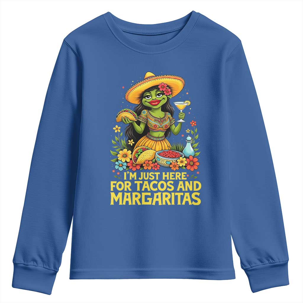 Funny Cinco De Mayo Frog Youth Sweatshirt Just Here For Tacos And Margaritas TS12 Royal Blue Print Your Wear