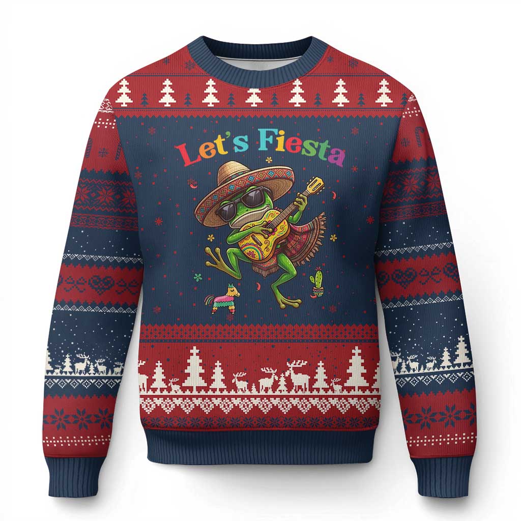 Funny Cinco De Mayo Frog Playing Guitar Ugly Christmas Sweater Lets Fiesta TS12 Navy Red Print Your Wear
