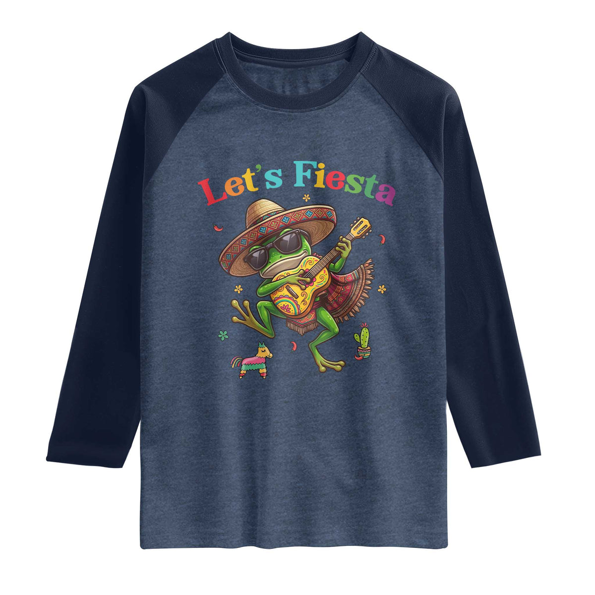 Funny Cinco De Mayo Frog Playing Guitar Raglan Shirt Lets Fiesta TS12 Heather Denim Navy Print Your Wear