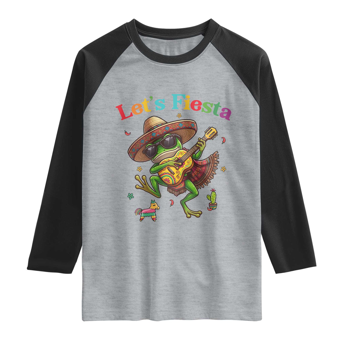 Funny Cinco De Mayo Frog Playing Guitar Raglan Shirt Lets Fiesta TS12 Heather Gray Black Print Your Wear