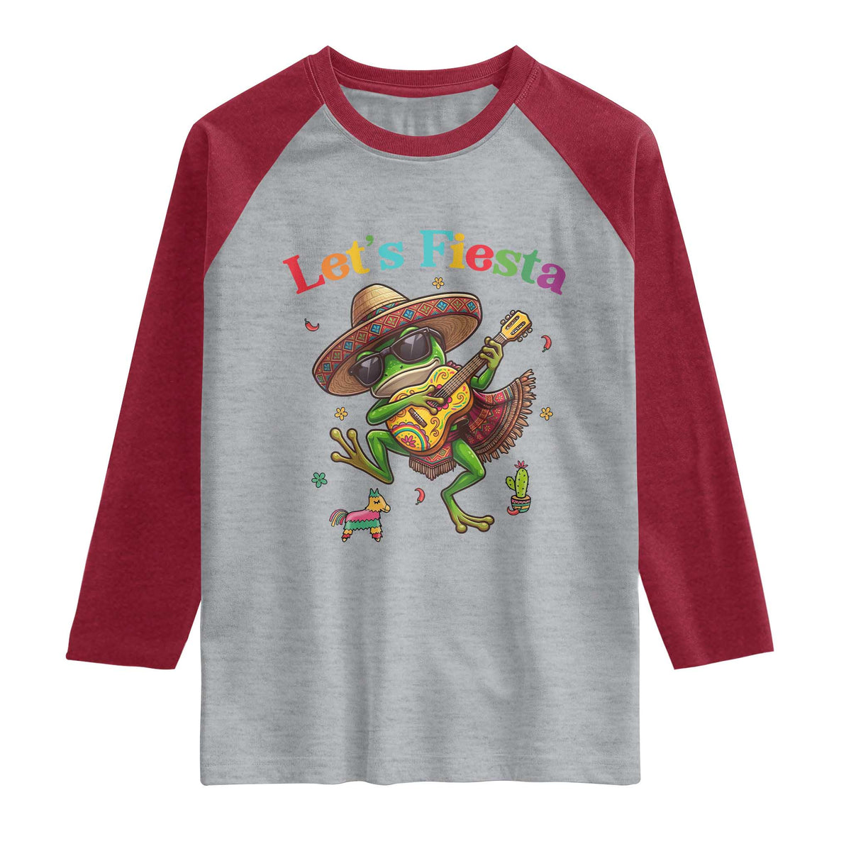 Funny Cinco De Mayo Frog Playing Guitar Raglan Shirt Lets Fiesta TS12 Heather Gray Heather Red Print Your Wear