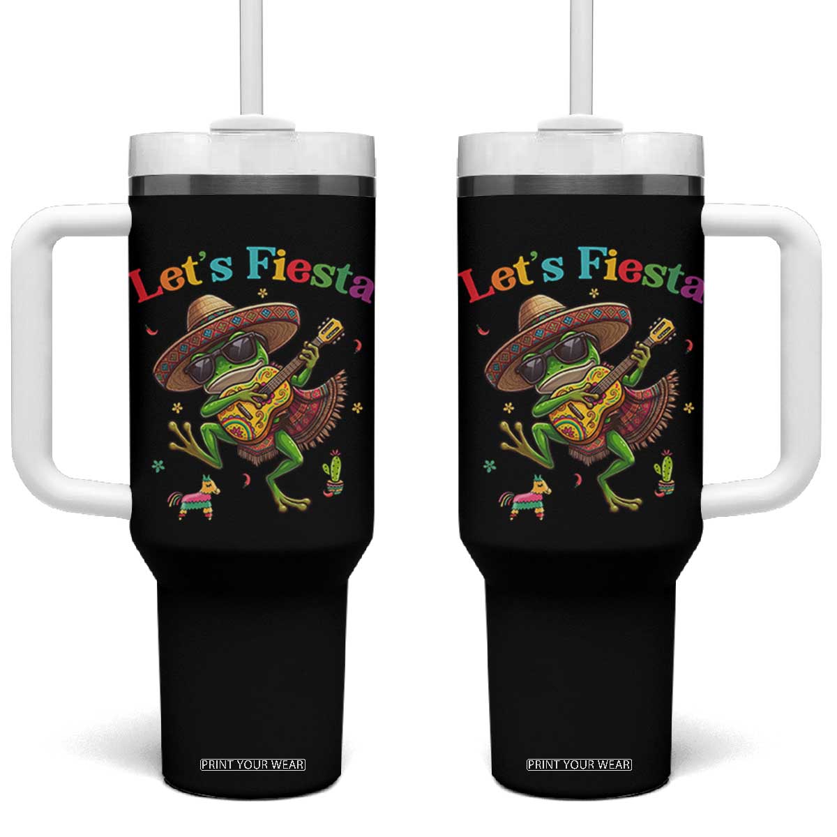 Funny Cinco De Mayo Frog Playing Guitar Tumbler With Handle Lets Fiesta TS12 One Size: 40 oz Black Print Your Wear
