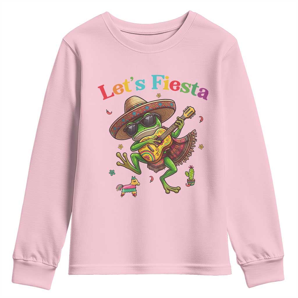 Funny Cinco De Mayo Frog Playing Guitar Youth Sweatshirt Lets Fiesta TS12 Light Pink Print Your Wear