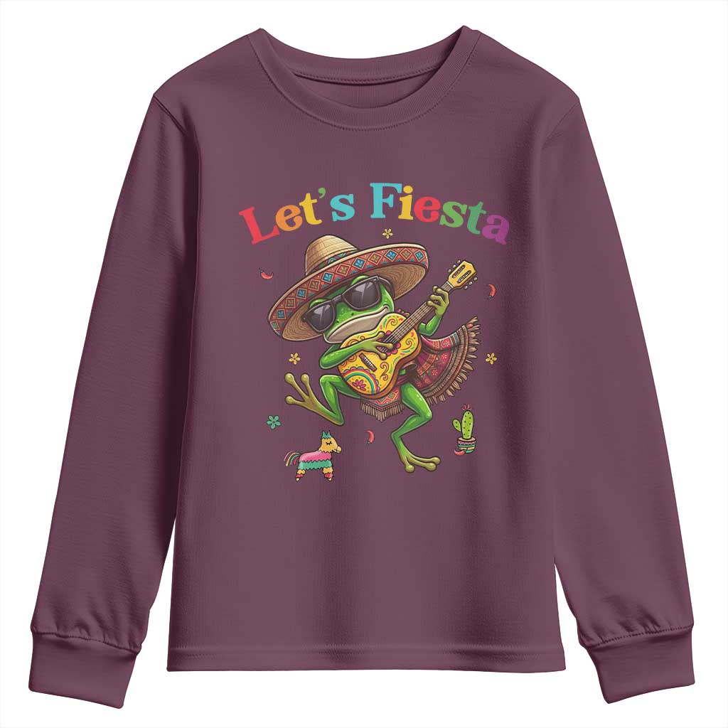 Funny Cinco De Mayo Frog Playing Guitar Youth Sweatshirt Lets Fiesta TS12 Maroon Print Your Wear