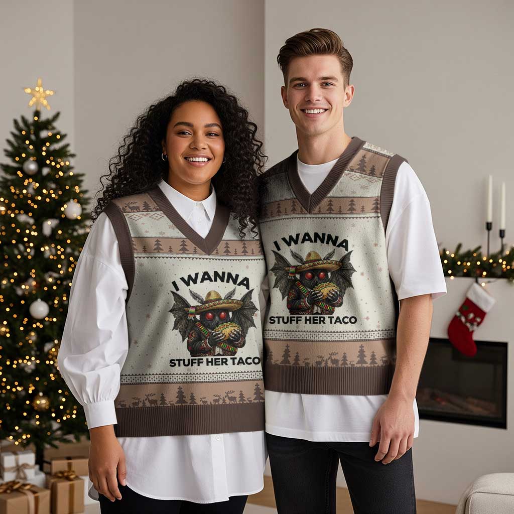Funny Cinco De Mayo Mothman V-Neck Knit Sweater Vest I Wanna Stuff Her Taco TS12 Mocha Mousse Print Your Wear