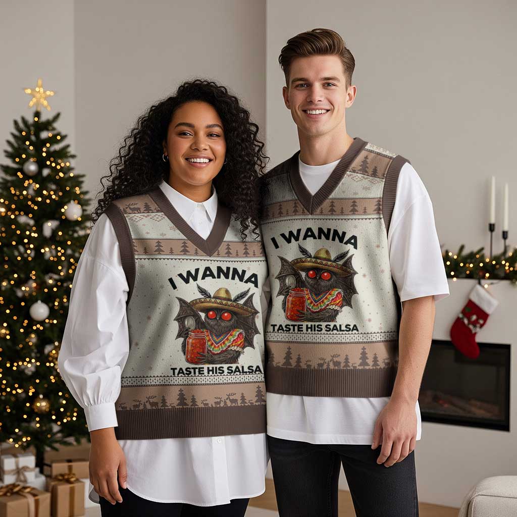 Funny Cinco De Mayo Mothman V-Neck Knit Sweater Vest I Wanna Taste His Salsa TS12 Mocha Mousse Print Your Wear