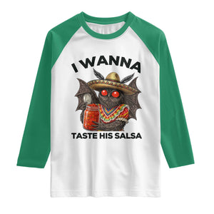 Funny Cinco De Mayo Mothman Raglan Shirt I Wanna Taste His Salsa TS12 White Kelly Green Print Your Wear