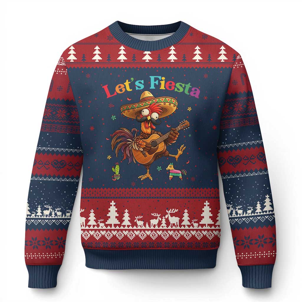 Lets Fiesta Cinco de May Ugly Christmas Sweater Funny Chicken Playing Guitar TS12 Navy Red Print Your Wear