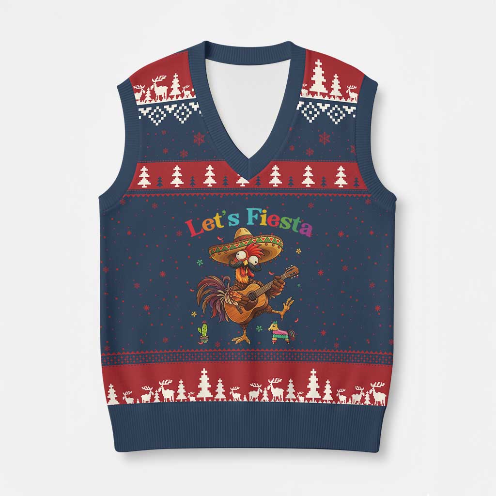 Lets Fiesta Cinco de May V-Neck Knit Sweater Vest Funny Chicken Playing Guitar TS12 Navy Red Print Your Wear
