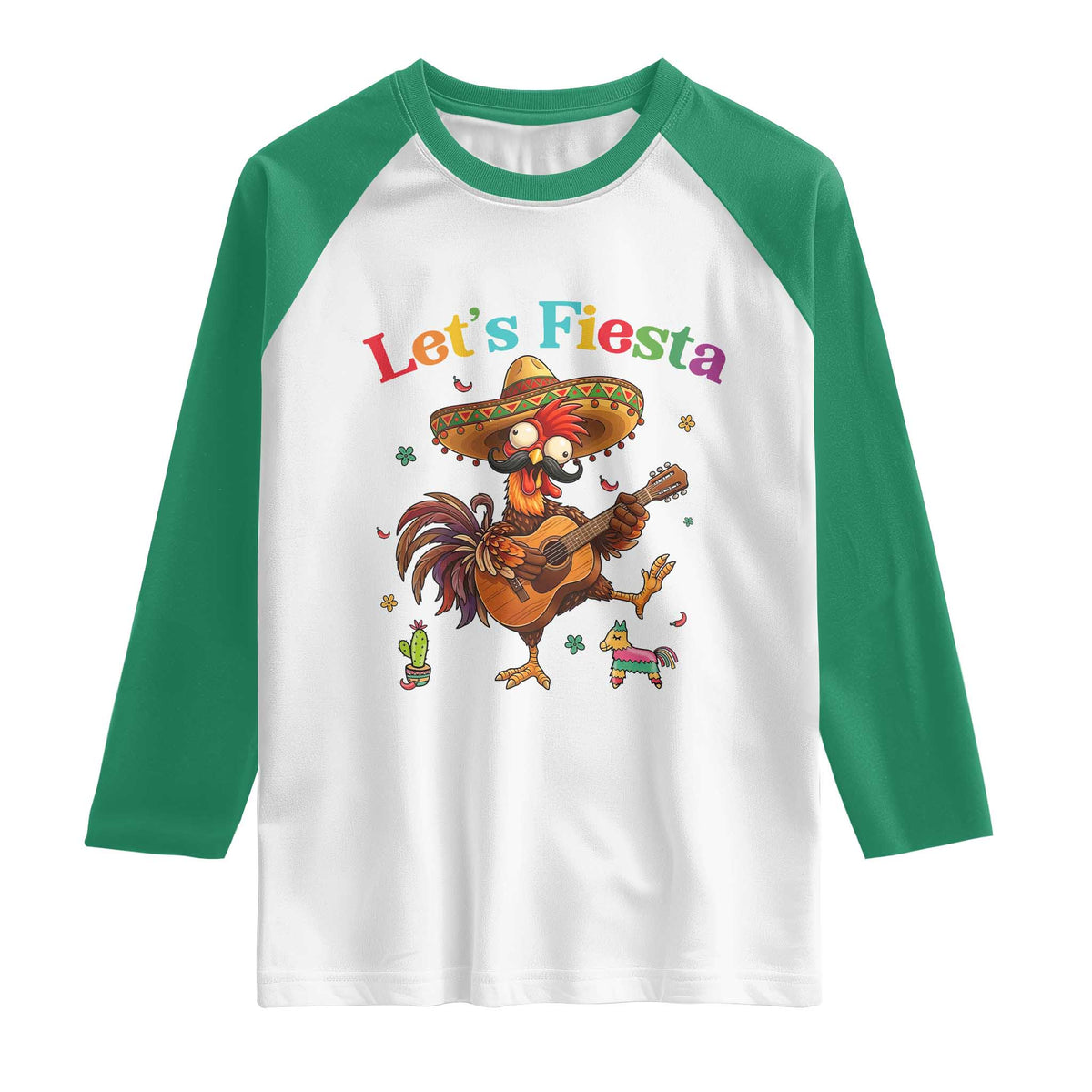 Lets Fiesta Cinco de May Raglan Shirt Funny Chicken Playing Guitar TS12 White Kelly Green Print Your Wear