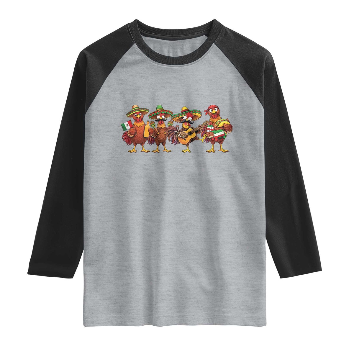 Funny Cinco De Mayo Chicken Squad Raglan Shirt Mexican Party Celebration Gift TS12 Heather Gray Black Print Your Wear