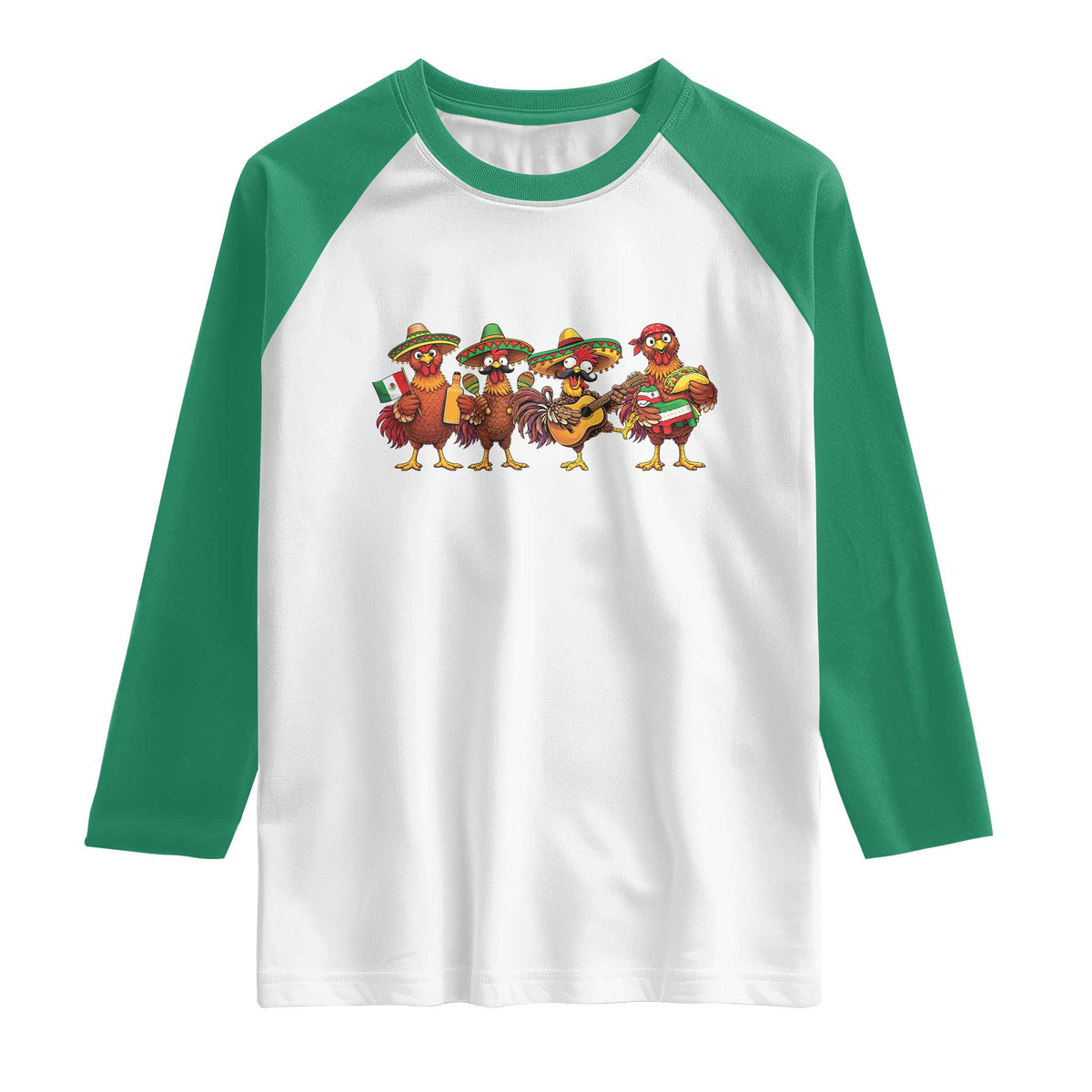 Funny Cinco De Mayo Chicken Squad Raglan Shirt Mexican Party Celebration Gift TS12 White Kelly Green Print Your Wear