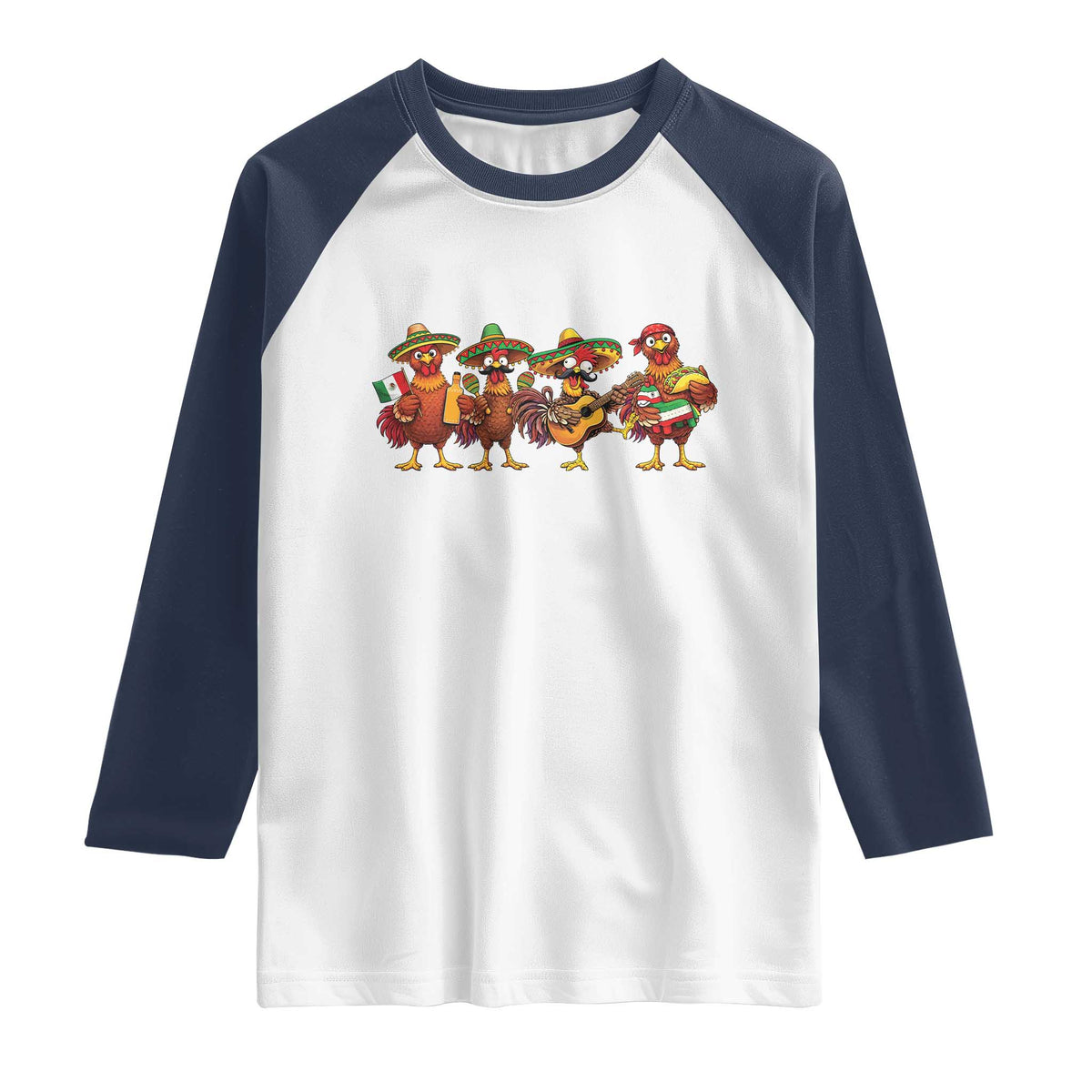Funny Cinco De Mayo Chicken Squad Raglan Shirt Mexican Party Celebration Gift TS12 White Navy Print Your Wear