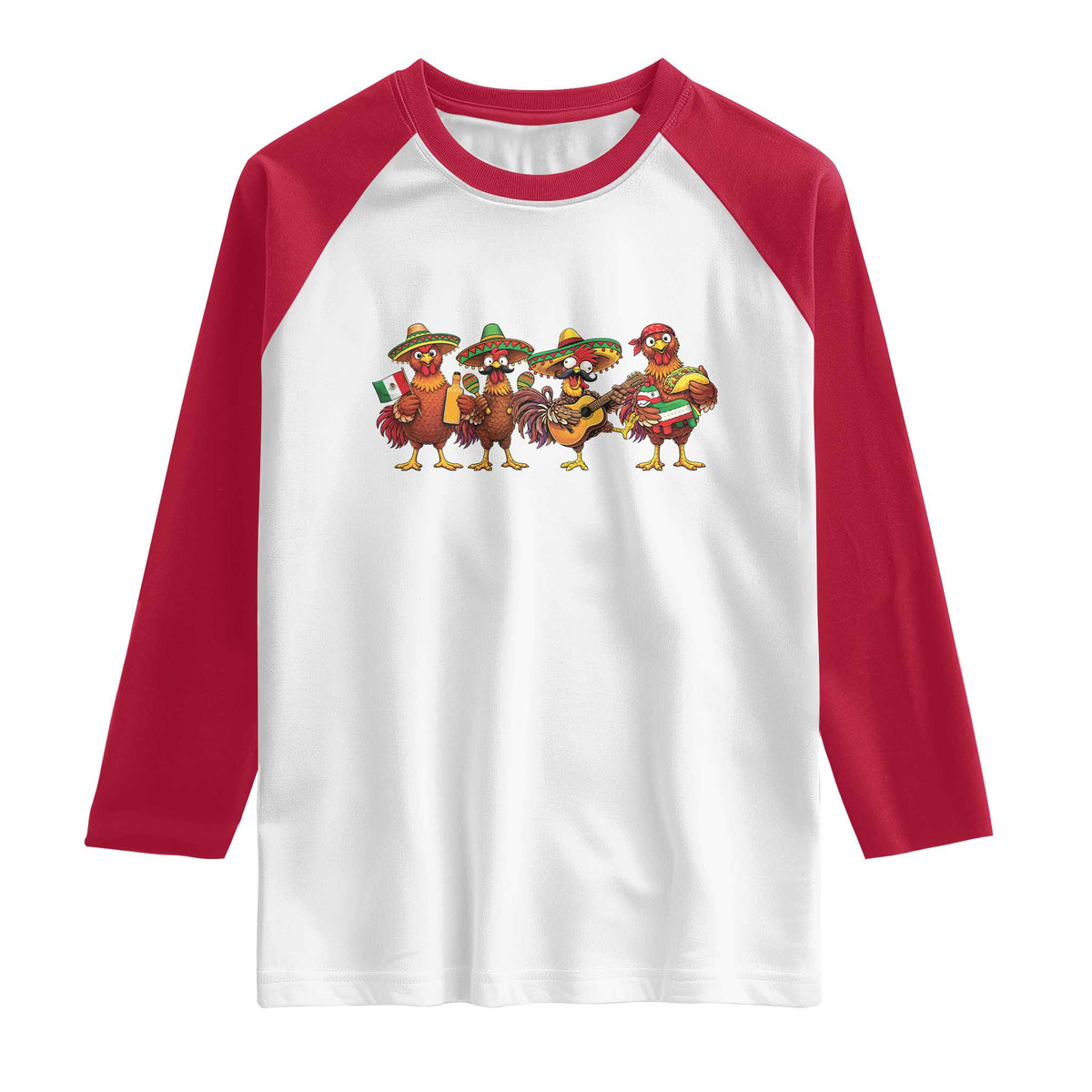 Funny Cinco De Mayo Chicken Squad Raglan Shirt Mexican Party Celebration Gift TS12 White Red Print Your Wear