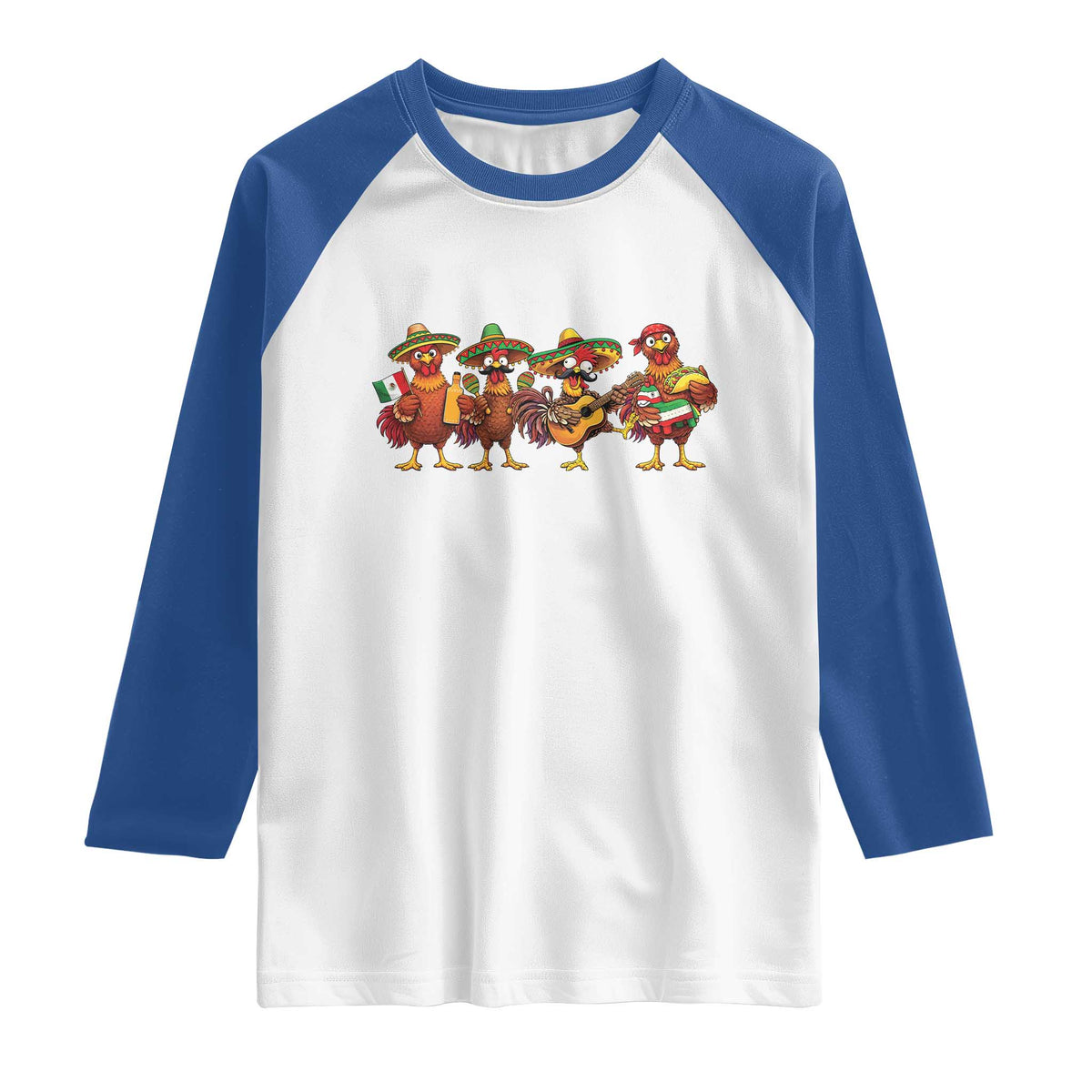 Funny Cinco De Mayo Chicken Squad Raglan Shirt Mexican Party Celebration Gift TS12 White Royal Print Your Wear