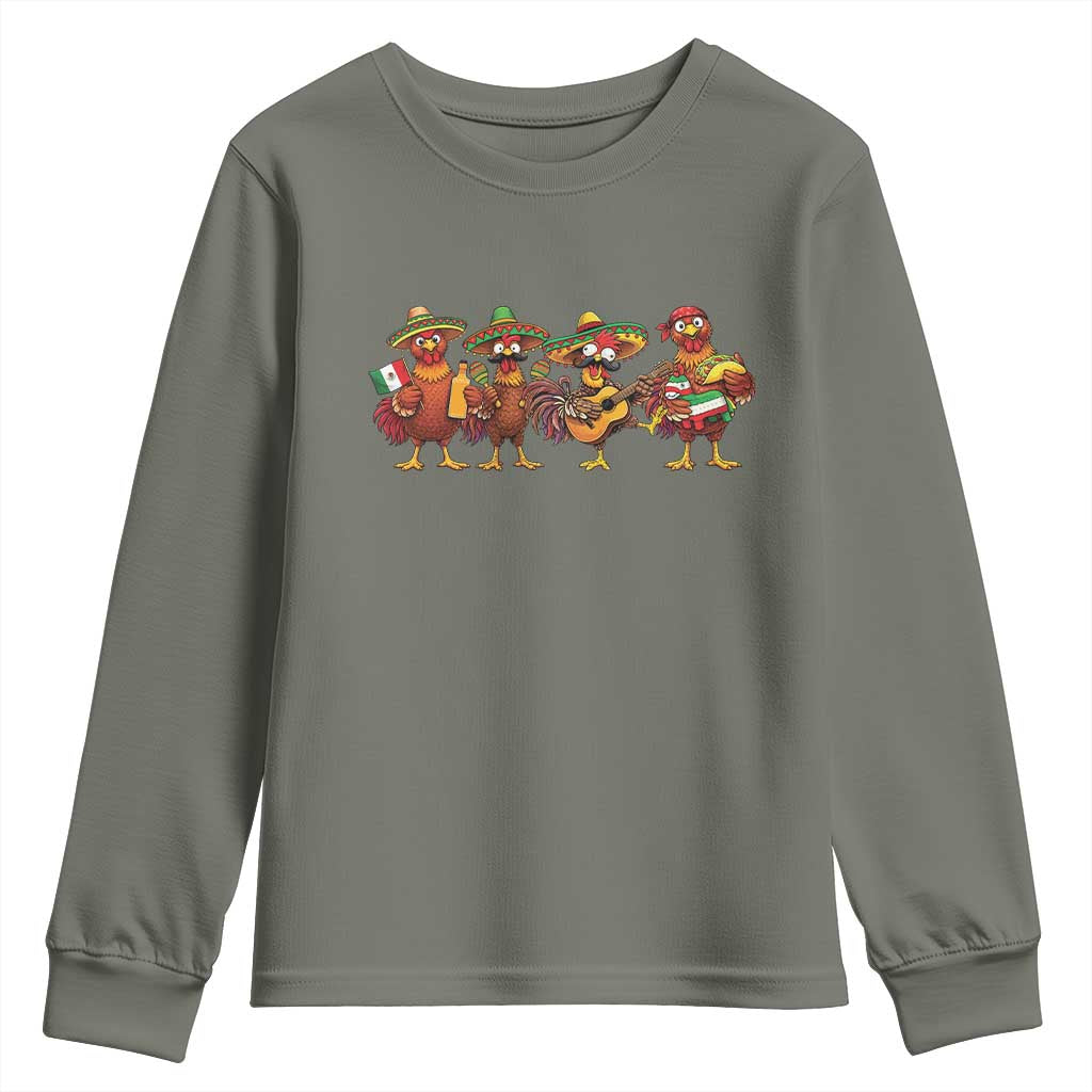 Funny Cinco De Mayo Chicken Squad Youth Sweatshirt Mexican Party Celebration Gift TS12 Military Green Print Your Wear