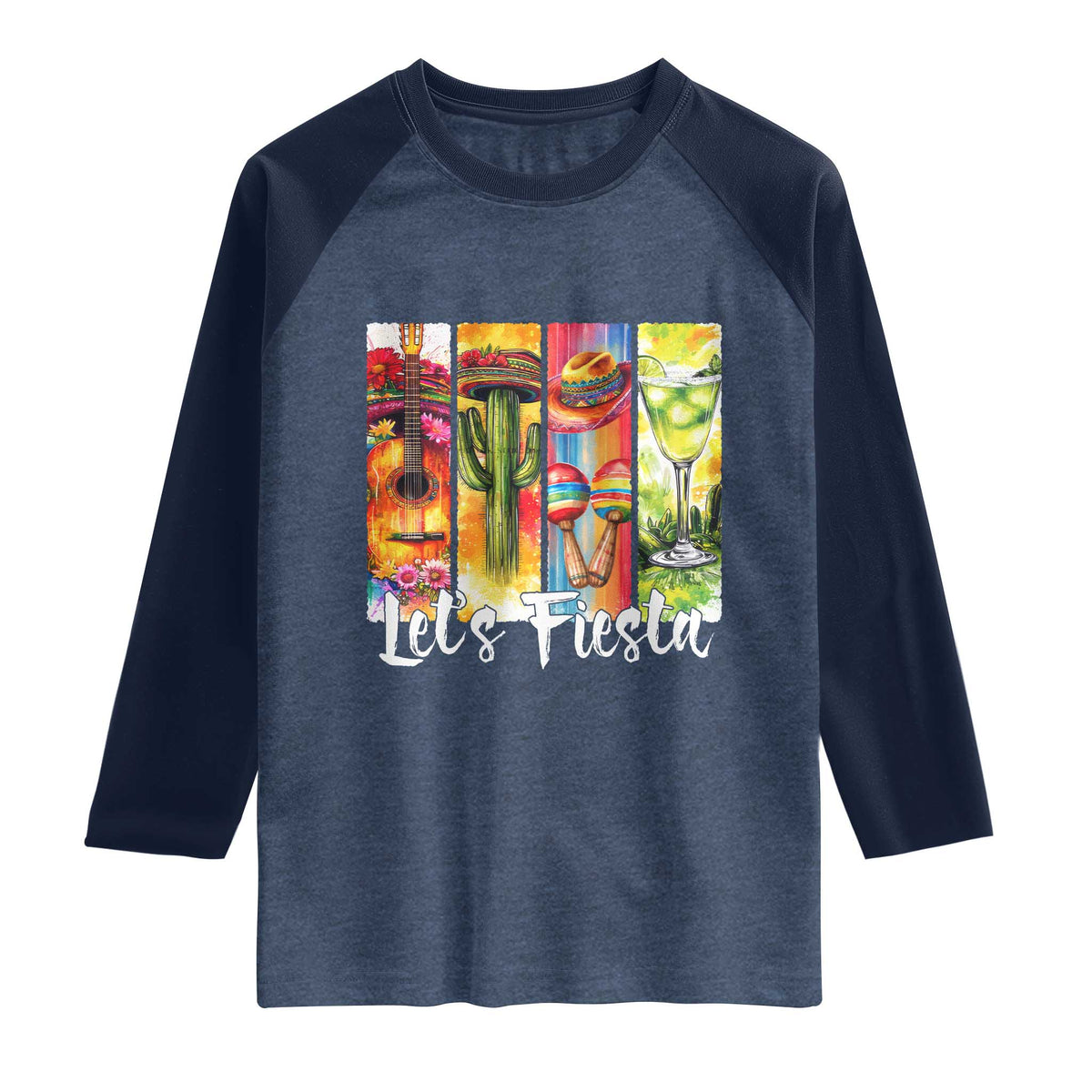 Lets Fiesta Raglan Shirt Funny Cinco De Mayo Party Celebration TS12 Heather Denim Navy Print Your Wear
