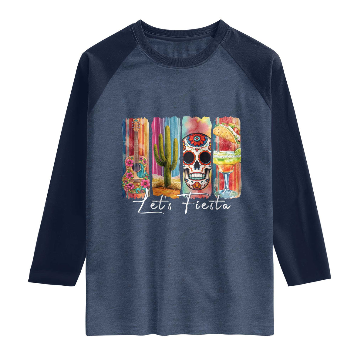 Cinco De Mayo Lets Fiest Raglan Shirt Funny Mexican Party Gift TS12 Heather Denim Navy Print Your Wear