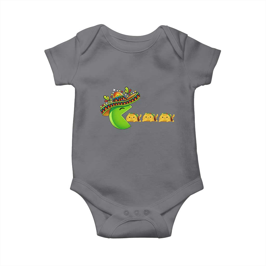 Cinco De Mayo Retro Game Baby Onesie Funny Sombrero Character Chasing Taco Cat TS12 Charcoal Print Your Wear