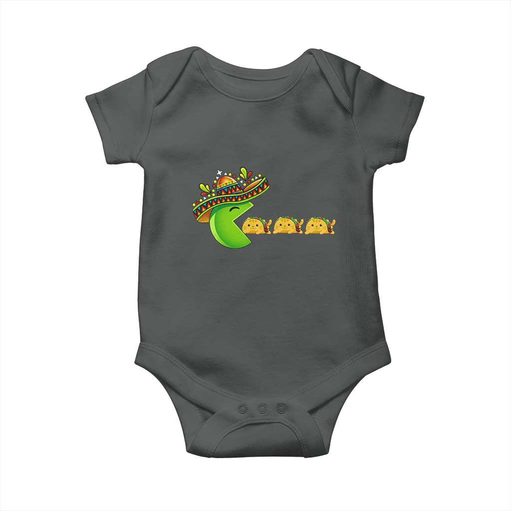 Cinco De Mayo Retro Game Baby Onesie Funny Sombrero Character Chasing Taco Cat TS12 Dark Heather Print Your Wear