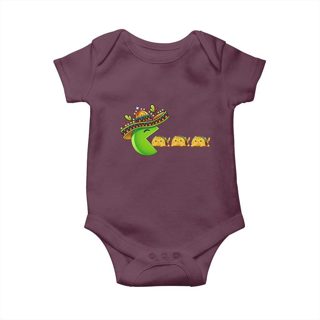 Cinco De Mayo Retro Game Baby Onesie Funny Sombrero Character Chasing Taco Cat TS12 Maroon Print Your Wear