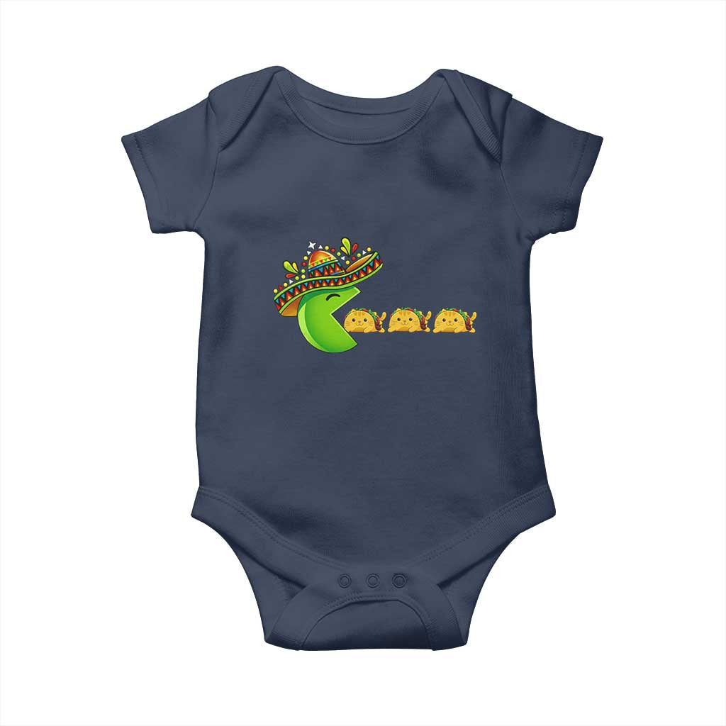 Cinco De Mayo Retro Game Baby Onesie Funny Sombrero Character Chasing Taco Cat TS12 Navy Print Your Wear