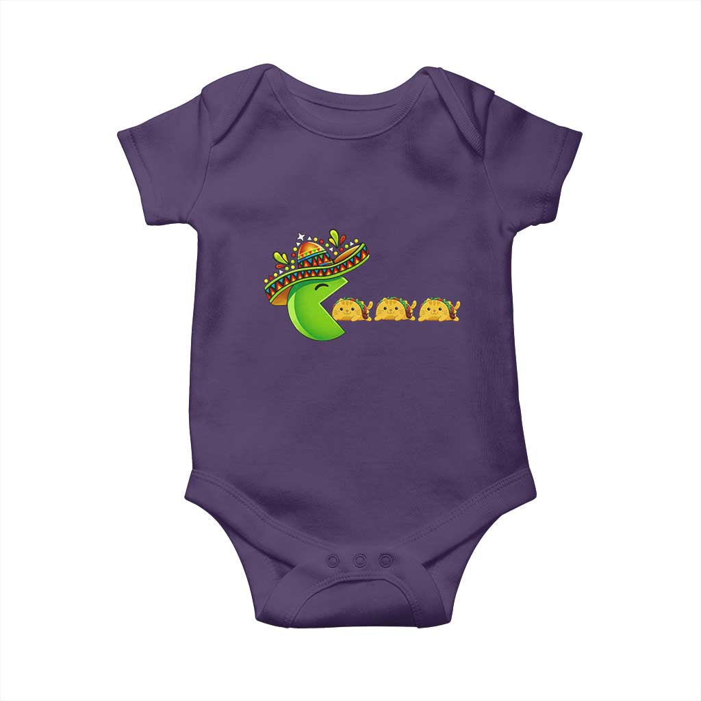 Cinco De Mayo Retro Game Baby Onesie Funny Sombrero Character Chasing Taco Cat TS12 Purple Print Your Wear