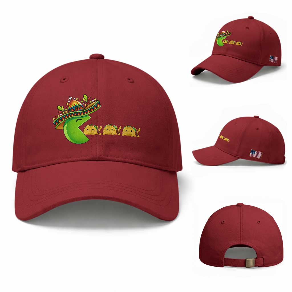 Cinco De Mayo Retro Game Baseball Cap Funny Sombrero Character Chasing Taco Cat TS12 Baseball Cap Universal Fit Cherry Red Print Your Wear