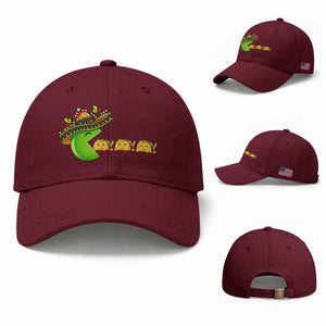 Cinco De Mayo Retro Game Baseball Cap Funny Sombrero Character Chasing Taco Cat TS12 Baseball Cap Universal Fit Maroon Print Your Wear