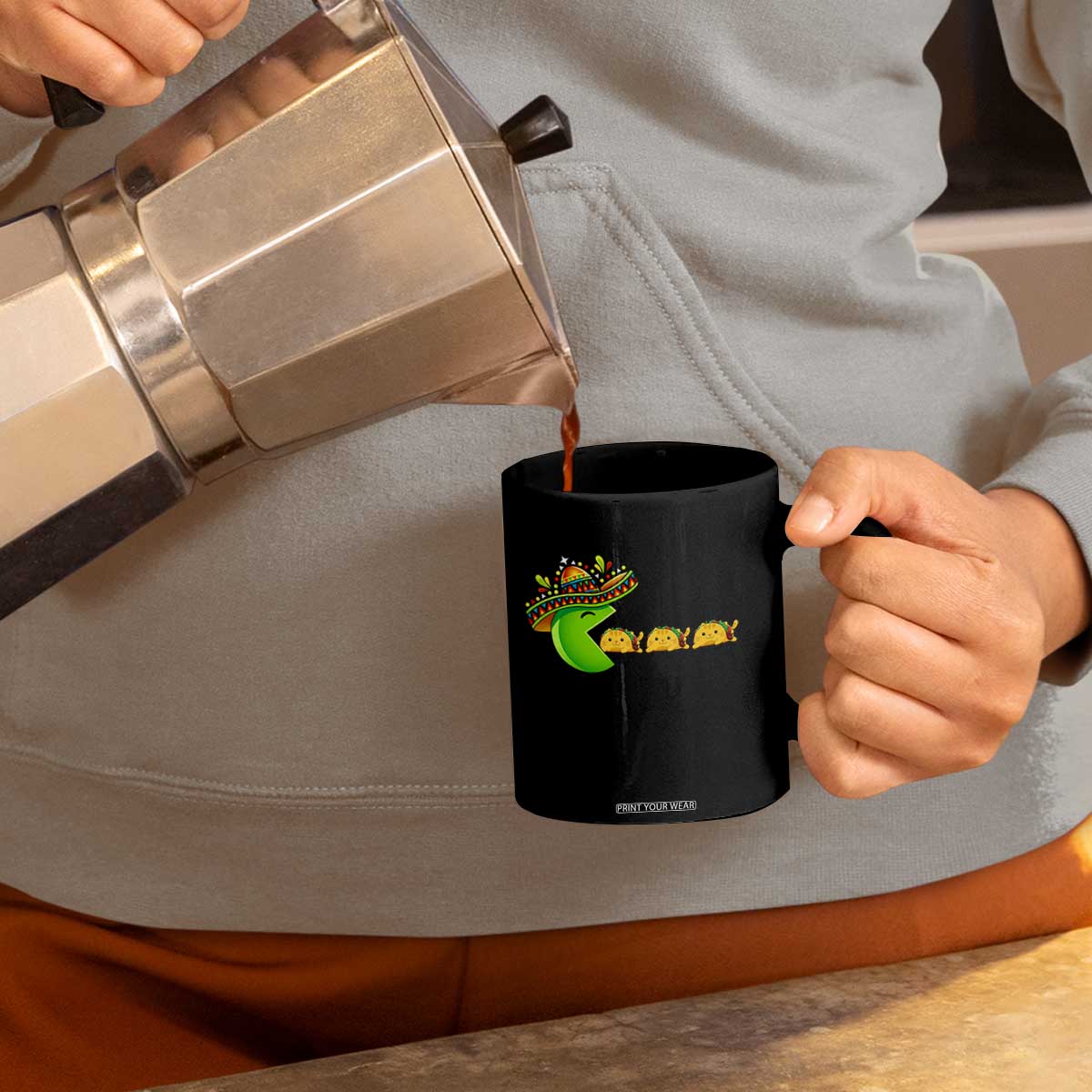 Cinco De Mayo Retro Game Coffee Mug Funny Sombrero Character Chasing Taco Cat TS12 Print Your Wear
