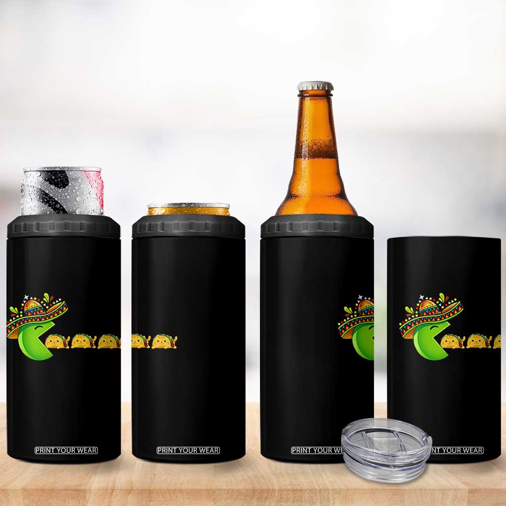 Cinco De Mayo Retro Game 4 in 1 Can Cooler Tumbler Funny Sombrero Character Chasing Taco Cat TS12 Print Your Wear