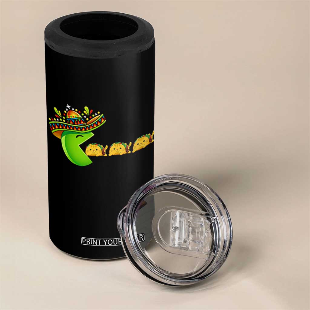Cinco De Mayo Retro Game 4 in 1 Can Cooler Tumbler Funny Sombrero Character Chasing Taco Cat TS12 Print Your Wear