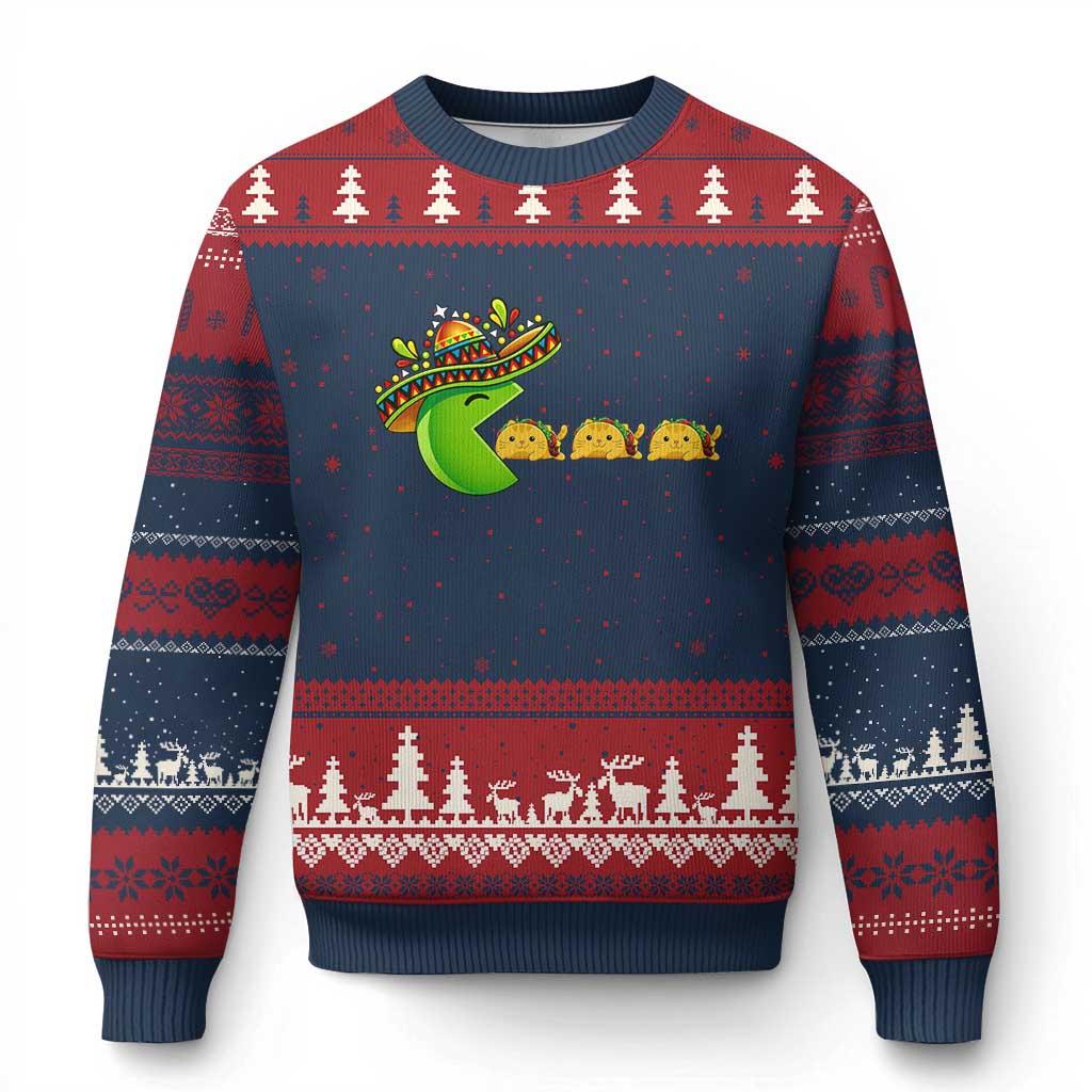 Cinco De Mayo Retro Game Ugly Christmas Sweater Funny Sombrero Character Chasing Taco Cat TS12 Navy Red Print Your Wear