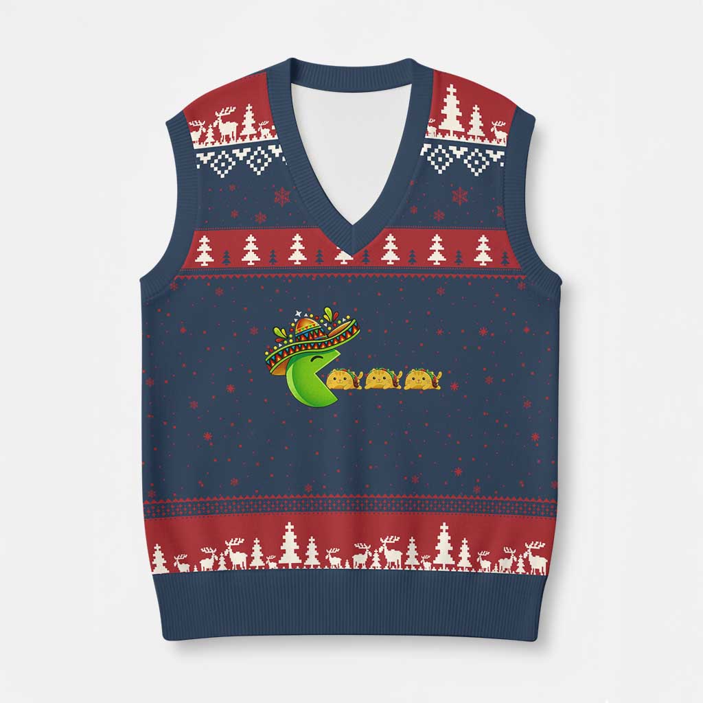 Cinco De Mayo Retro Game V-Neck Knit Sweater Vest Funny Sombrero Character Chasing Taco Cat TS12 Navy Red Print Your Wear