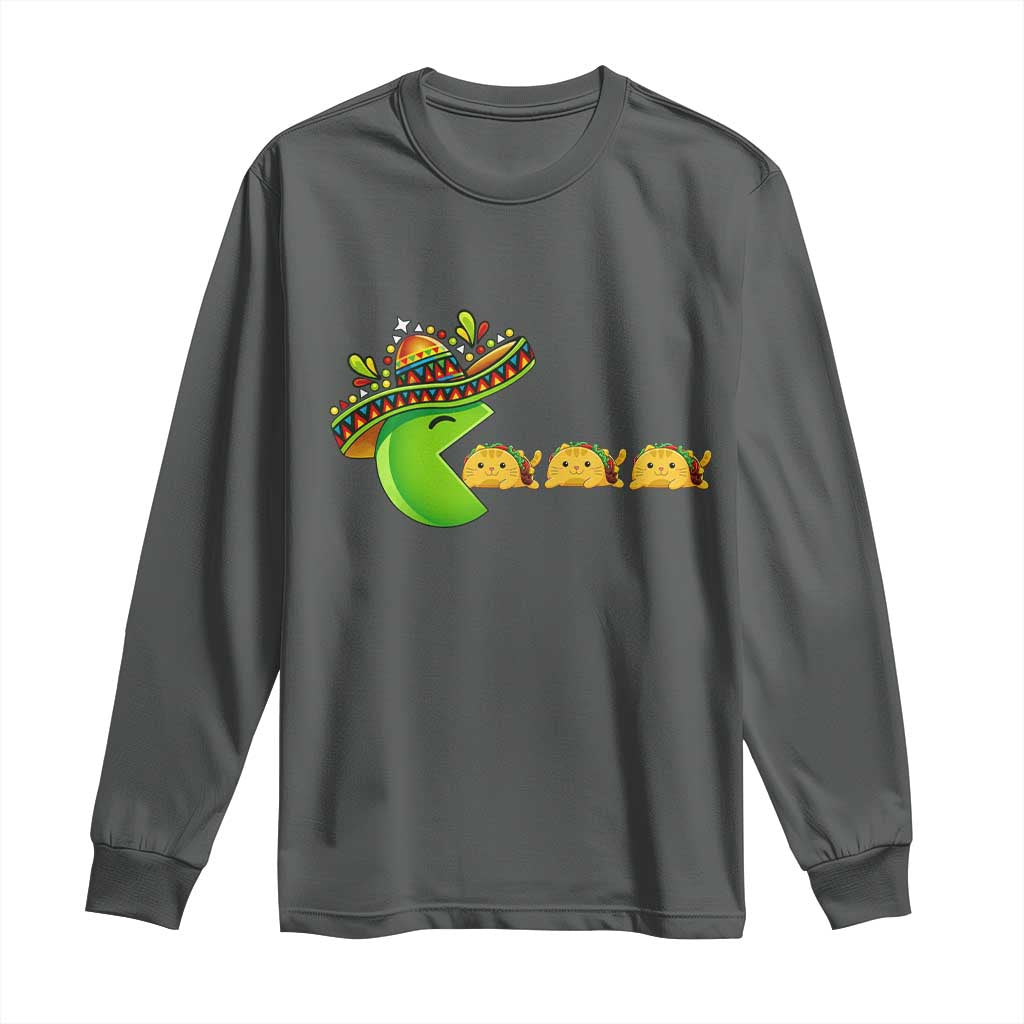 Cinco De Mayo Retro Game Long Sleeve Shirt Funny Sombrero Character Chasing Taco Cat TS12 Dark Heather Print Your Wear