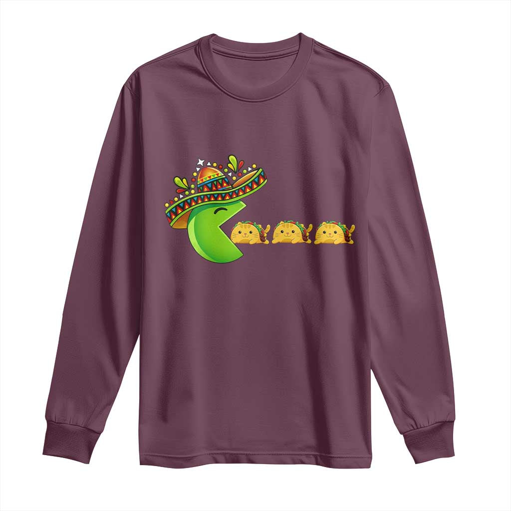 Cinco De Mayo Retro Game Long Sleeve Shirt Funny Sombrero Character Chasing Taco Cat TS12 Maroon Print Your Wear