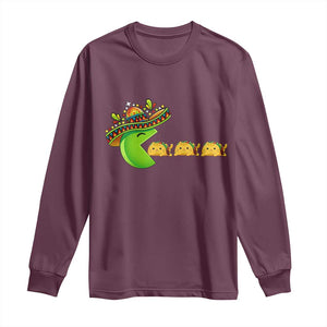 Cinco De Mayo Retro Game Long Sleeve Shirt Funny Sombrero Character Chasing Taco Cat TS12 Maroon Print Your Wear
