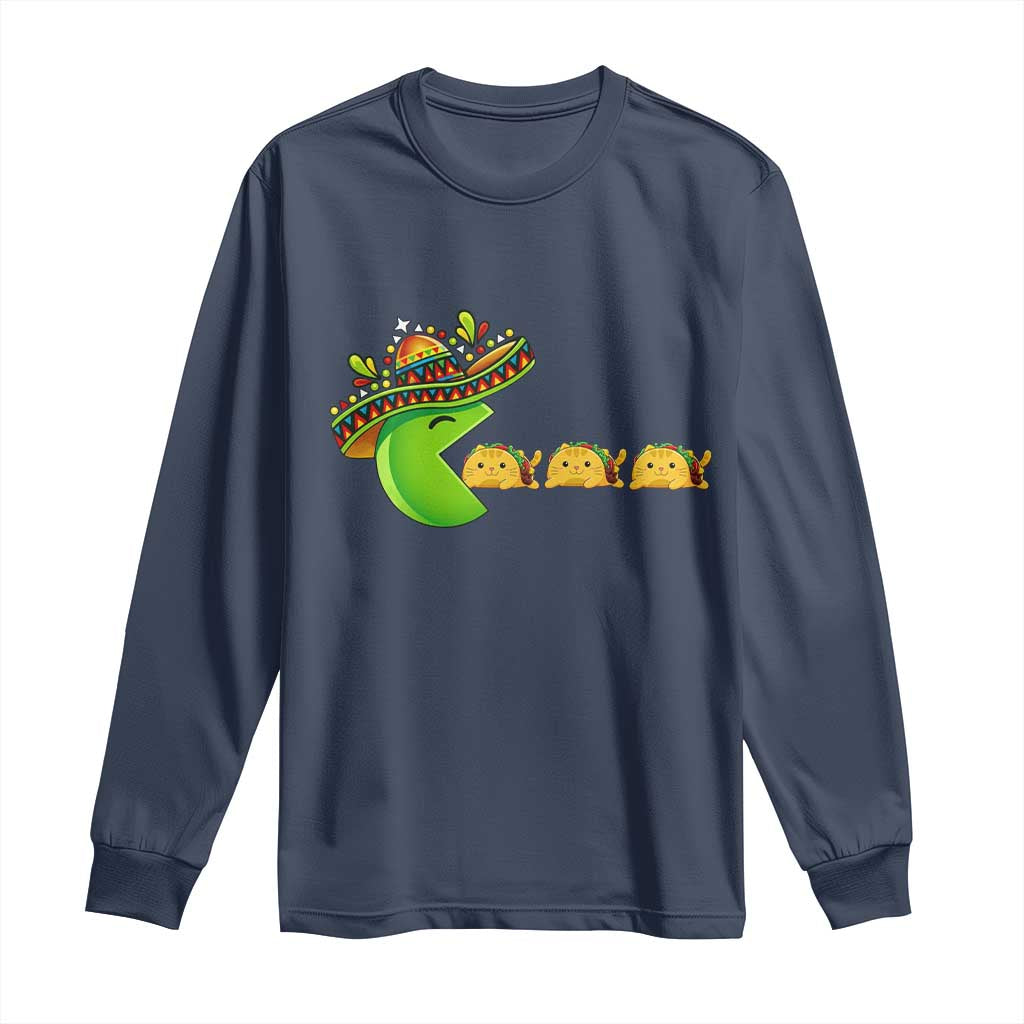 Cinco De Mayo Retro Game Long Sleeve Shirt Funny Sombrero Character Chasing Taco Cat TS12 Navy Print Your Wear
