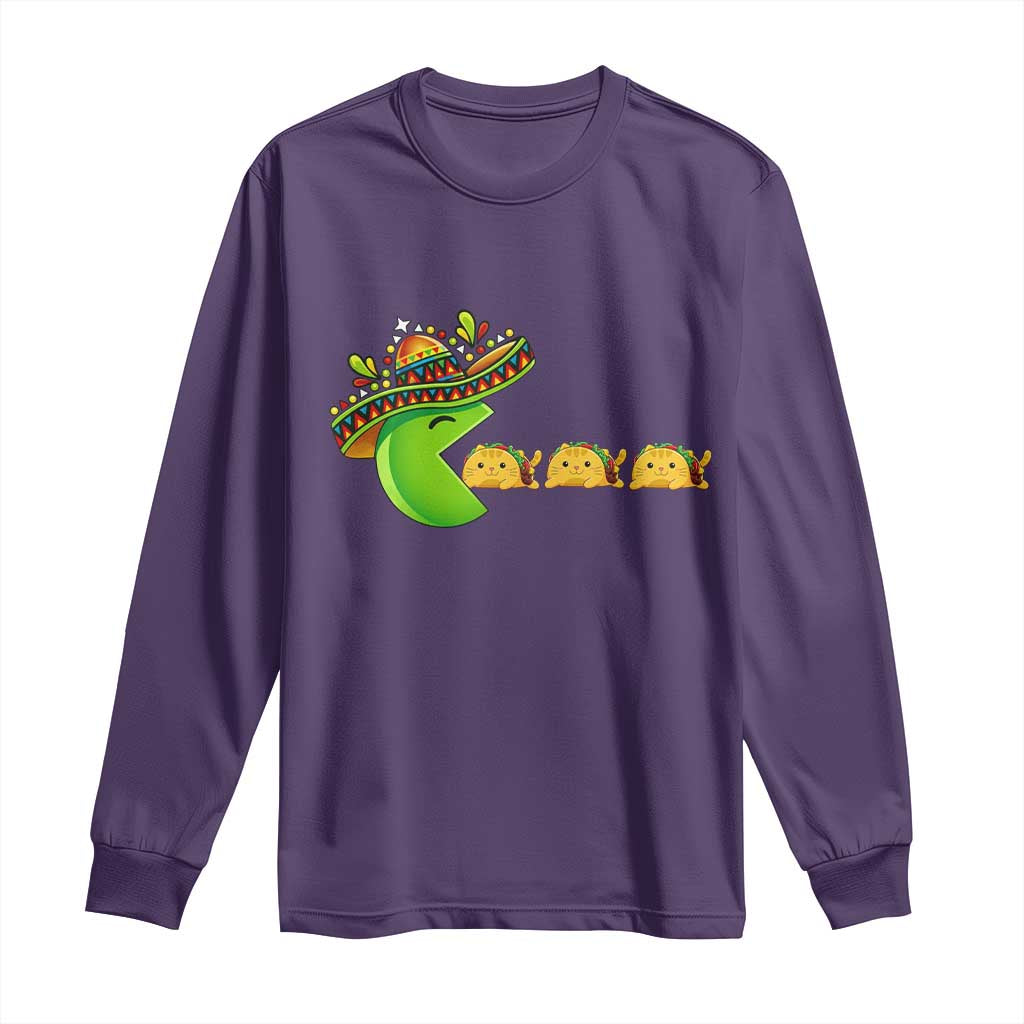 Cinco De Mayo Retro Game Long Sleeve Shirt Funny Sombrero Character Chasing Taco Cat TS12 Purple Print Your Wear