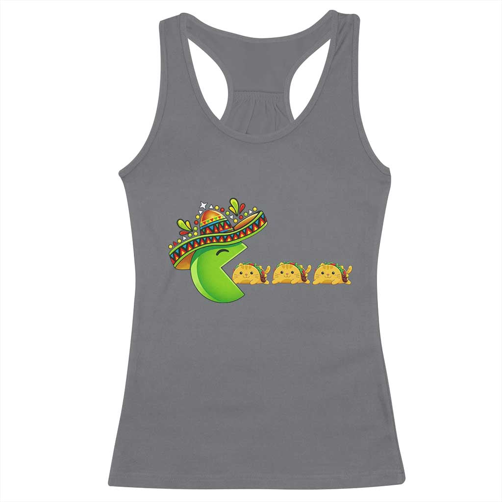 Cinco De Mayo Retro Game Racerback Tank Top Funny Sombrero Character Chasing Taco Cat TS12 Charcoal Print Your Wear