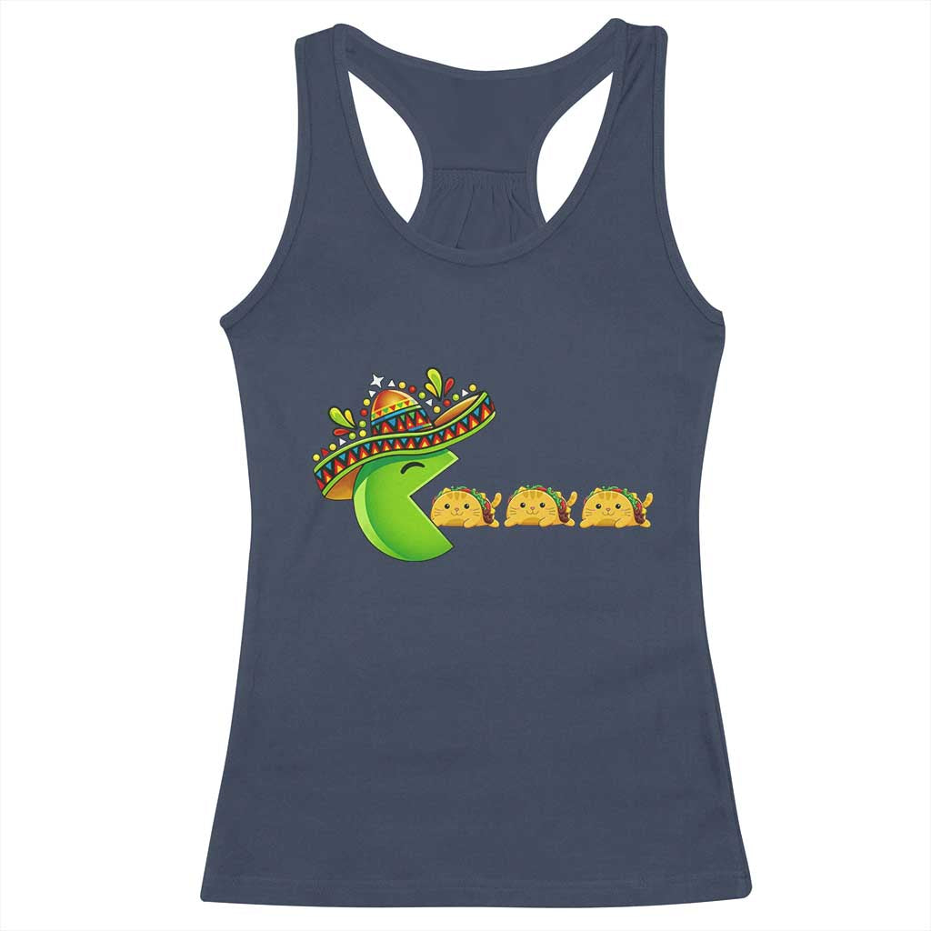 Cinco De Mayo Retro Game Racerback Tank Top Funny Sombrero Character Chasing Taco Cat TS12 Navy Print Your Wear