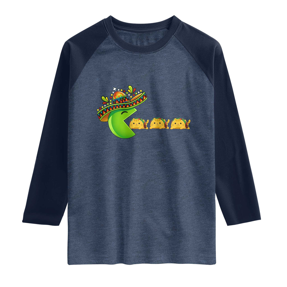 Cinco De Mayo Retro Game Raglan Shirt Funny Sombrero Character Chasing Taco Cat TS12 Heather Denim Navy Print Your Wear