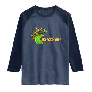 Cinco De Mayo Retro Game Raglan Shirt Funny Sombrero Character Chasing Taco Cat TS12 Heather Denim Navy Print Your Wear