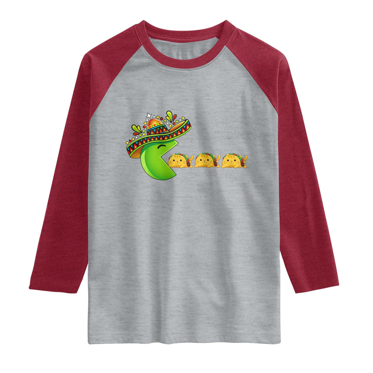 Cinco De Mayo Retro Game Raglan Shirt Funny Sombrero Character Chasing Taco Cat TS12 Heather Gray Heather Red Print Your Wear