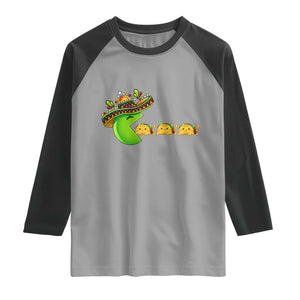Cinco De Mayo Retro Game Raglan Shirt Funny Sombrero Character Chasing Taco Cat TS12 Sport Gray Black Print Your Wear