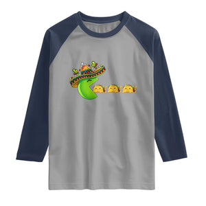 Cinco De Mayo Retro Game Raglan Shirt Funny Sombrero Character Chasing Taco Cat TS12 Sport Gray Navy Print Your Wear